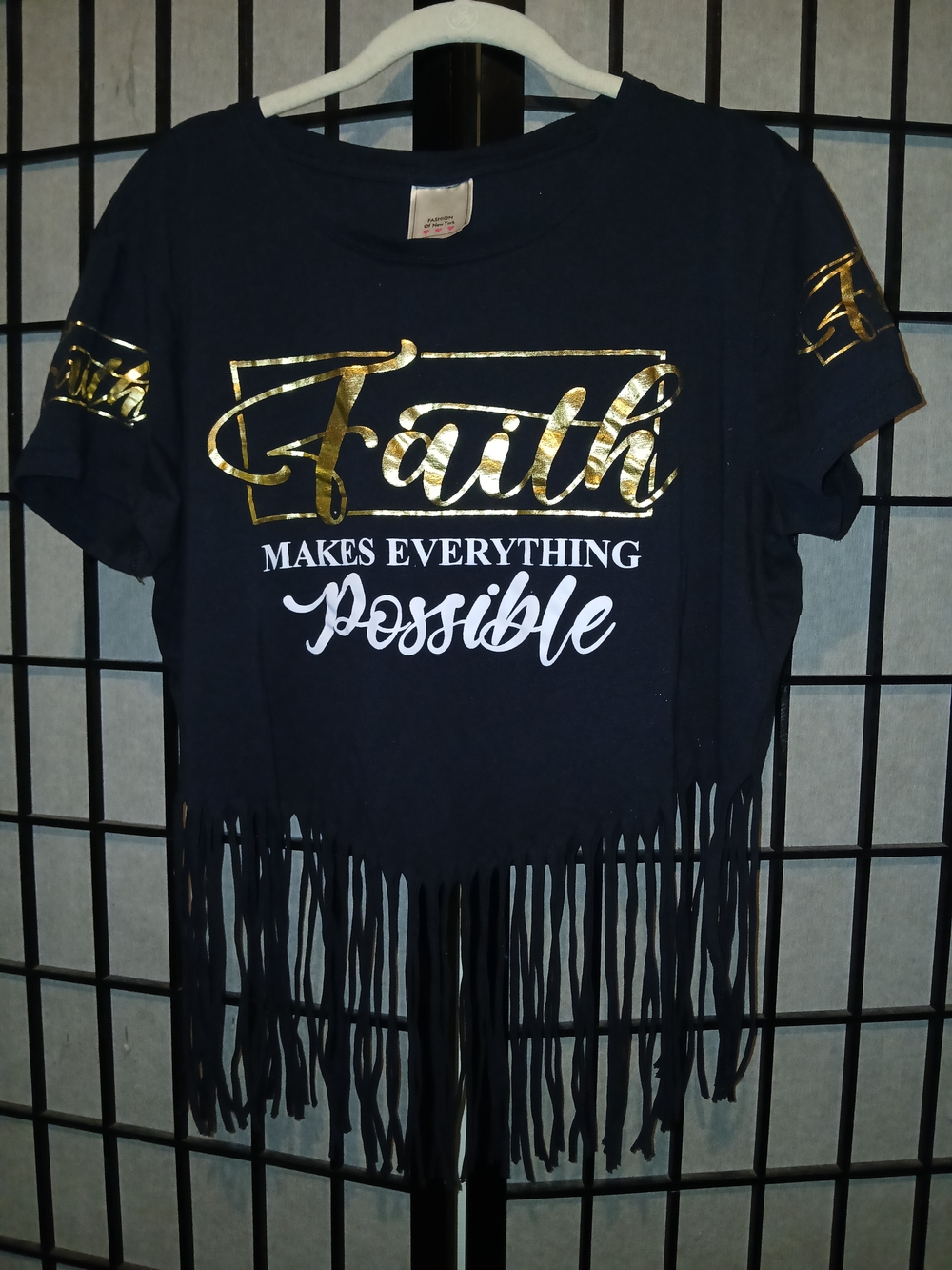 Ladies  BLack Fringe Tee with Gold 'Faith' Foil